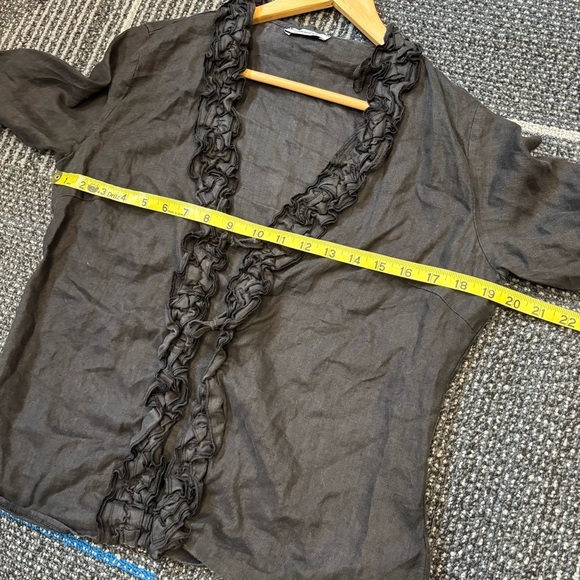 Emozioni Linen Cardigan Top Black Ruffled Tie front and wrists - Picture 10 of 14
